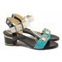 Women's anatomical sandals made of genuine leather in blue, black and white on low heel 21279