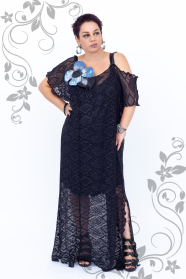 Maxi dress of black lace with flower decoration Ilina fashion