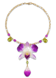 Candy Necklace With Real Orchid, Mother Of Pearl, Jade And Quartz Dannyra Jewels