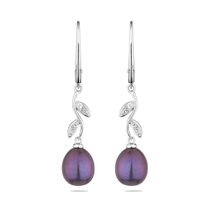 Silver earrings with freshwater black pearls and zirconia CAA002B Swan