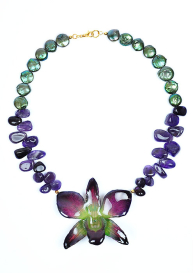 Colier din orhidee naturala, ametist si perle de cultura Magic Orchid Dannyra Jewels