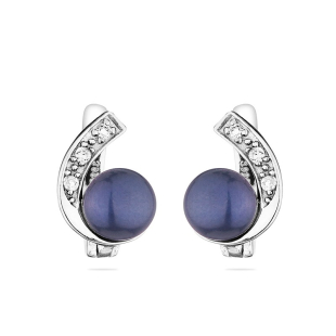 Silver earrings with freshwater black pearls and zirconia CAA020EB Swan