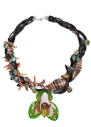 Colier din orhideea naturala, corali, cochilie, agat, jasp Green Island Dannyra Jewels