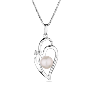 Silver necklace with natural white pearls and zircons  IP1131W Swan