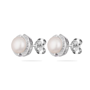 Silver Earrings with natural white pearls and zircons CAA082EW Swan