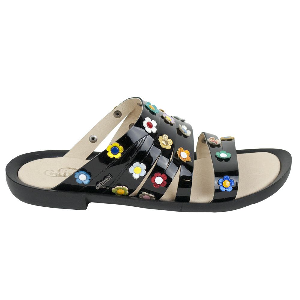 Women's black patent leather flipflops decorated with flowers Ladies