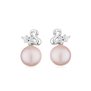 Silver Earrings with natural pink pearls and zircons CAA088ER Swan