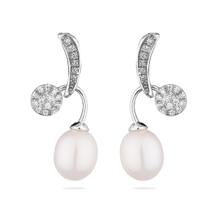 Silver Earrings with natural white pearls and zircons CAA083EW Swan