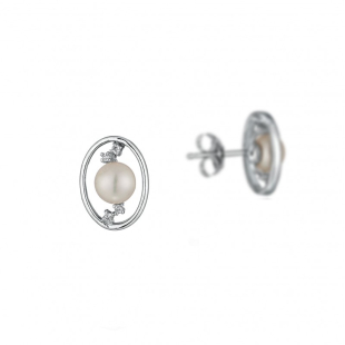 Silver Earrings with natural white pearls and zircons CAA057 Swan