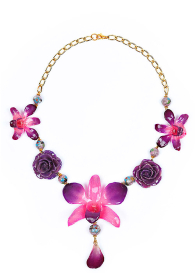 Colier din orhidee si trandafiri naturale, margele cloisonne My Happy Purple Garden Dannyra Jewels