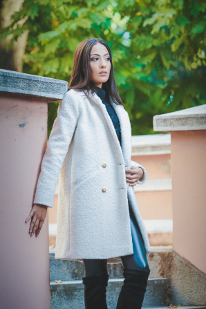 Elegant winter boucle coat in white color 12110-120