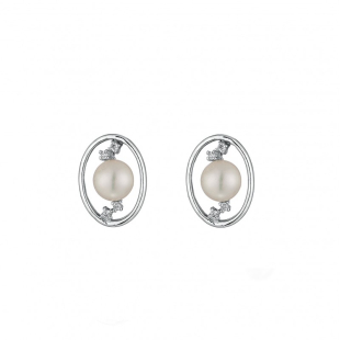 Silver Earrings with natural white pearls and zircons CAA057 Swan