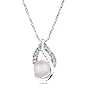 Silver necklace with natural white pearl and zircons CAA095NW Swan