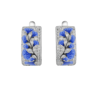 Silver earrings with hand-painted blue flowers and zirconium PJ547E Swan