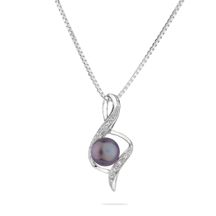 Silver necklace with natural black pearl and zirons SP0022B Swan